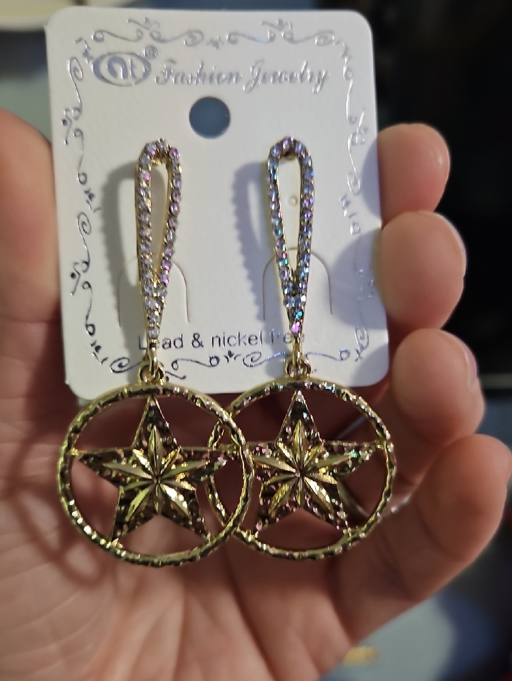 Gold Star Drop Earrings with Rhinestone Hooks